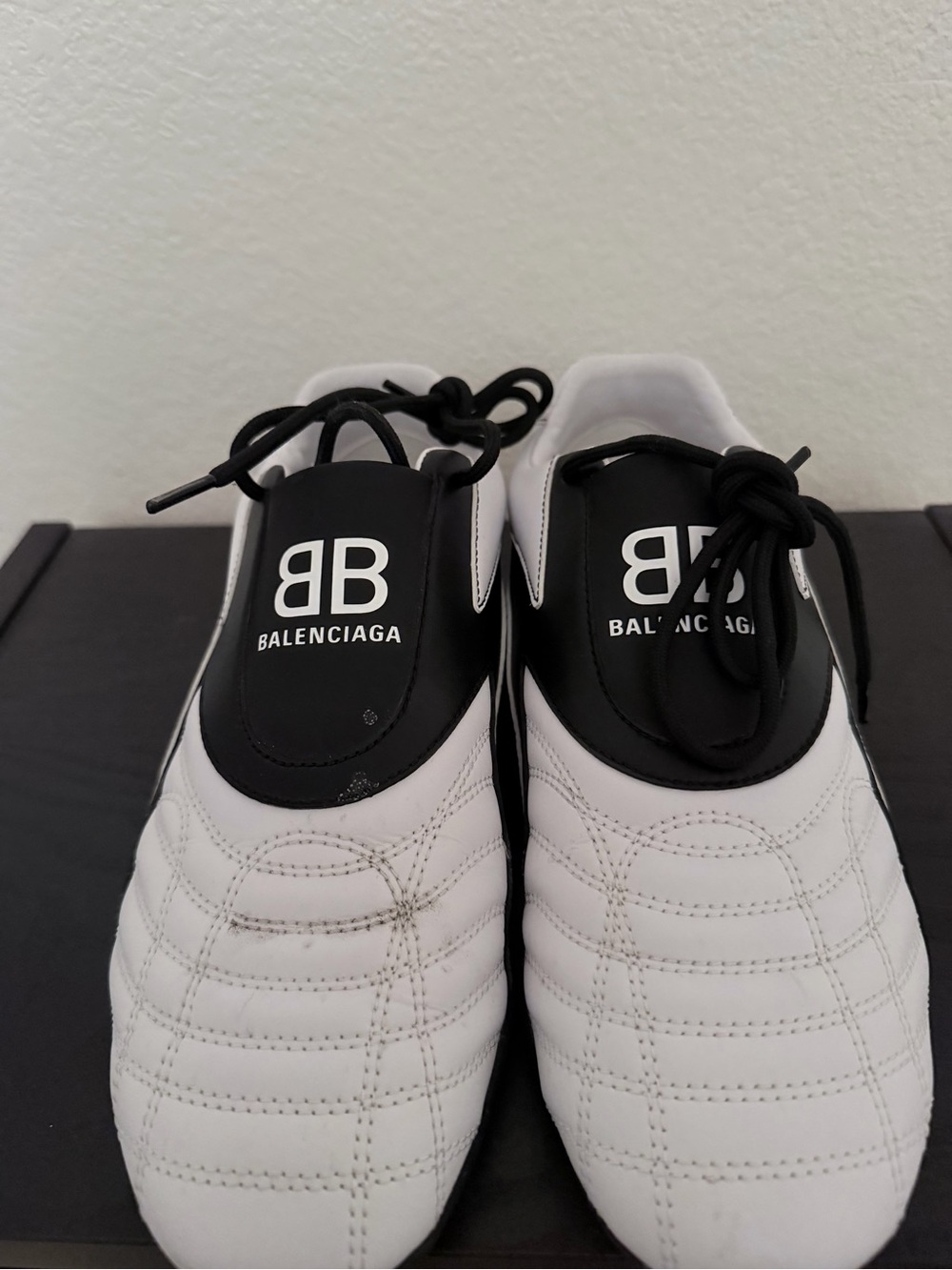 Balenciaga Men’s White and Black Quilted Logo Slip-On Sneakers